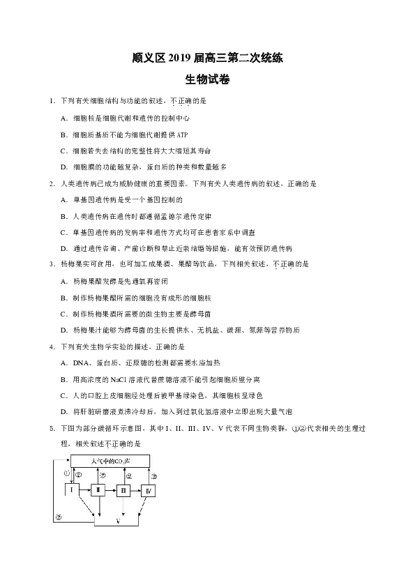 北京市顺义区2019届高三第二次统练生物试题