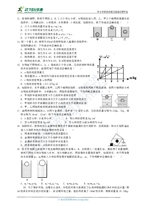 培优特训：华师大版科学八上 第三单元 浮力 单元测试卷（3）