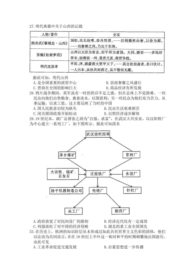 山西省临汾市2021届高三下学期3月考前适应性训练考试（二）文科综合历史试题 Word版含答案