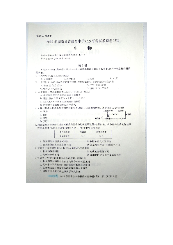2019年湖南省普通高中学业水平考试模拟卷（四）生物试题（图片版含答案）