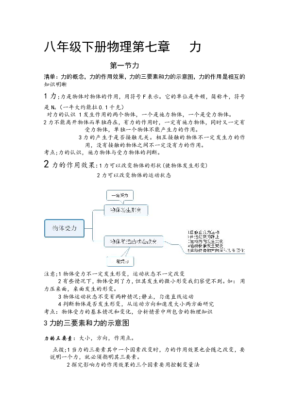 人教版八年级物理下册 第七章第一节 71力 知识汇总学案